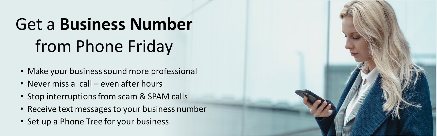 Business professional lady holding cell phone; perhaps navigating a phone tree.
